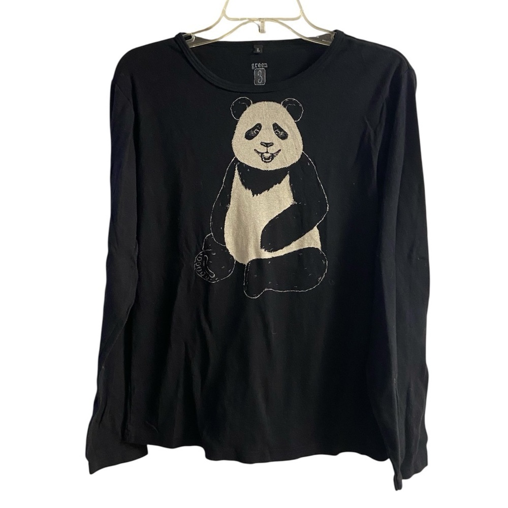 3 Black Green Organic Cotton Long Sleeve Tee Panda Graphic Large